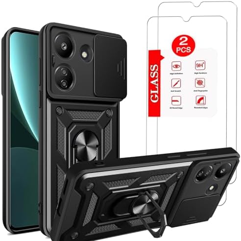 for Xiaomi Redmi 13C Case with [2 Pack] Tempered Glass Screen Protector, Redmi 13C Case [Military-Grade] Protective，with Lens Protects Magnetic Kickstand Car Mount Holder Phone Case (Black)