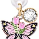 ELISE & FONDA TP393 Type-C USB Charging Port Anti Dust Plug Butterfly BowTulips Cell Phone Charm for iPhone 15 /Samsung/OnePlus/Xiaomi/oppo Android Phones (Black & Pink)