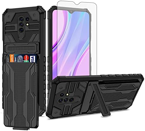 Asuwish Phone Case for Xiaomi Redmi 9 with Tempered Glass Screen Protector Cover and Slim Credit Card Holder Stand Hybrid Mobile Slot Kickstand Cell Accessories Redmi9 Prime Poco M2 Women Men Black