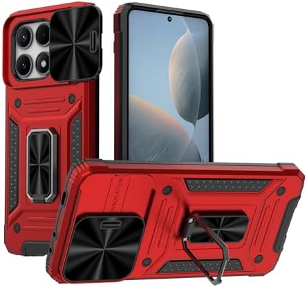 Case For Xiaomi Poco X6 5G,Military Slide Lens Camera Protection [Built-in Kickstand] Metal Ring Holder Dual-Layer Heavy Duty Shockproof Phone Case For Xiaomi Poco X6/Redmi Note 13 Pro 5G (Red)