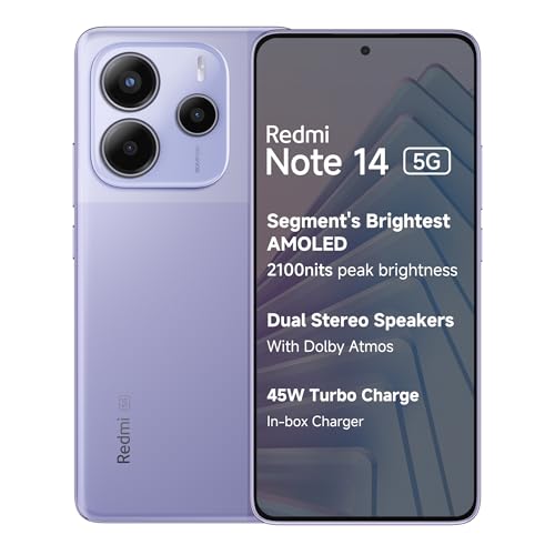 Redmi Note 14 5G (Phantom Purple, 8GB RAM 256GB Storage) | Global Debut MTK Dimensity 7025 Ultra | 2100 nits Segment Brightest 120Hz AMOLED | 50MP Sony LYT 600 OIS+EIS Triple Camera