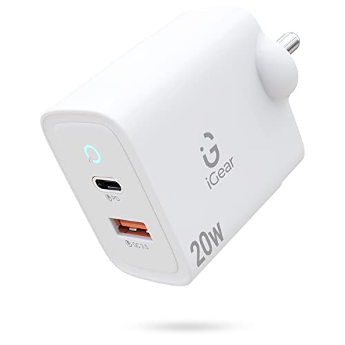 iGear Core 20: 2 in 1 PD QC 3.0 20W Dual Port Fast Charger Type C Adapter for iPad, Tablets & Android Devices, PD 3.0 Multiple Protection, Also Compatible with iPhone, Samsung and Other Smart Phones