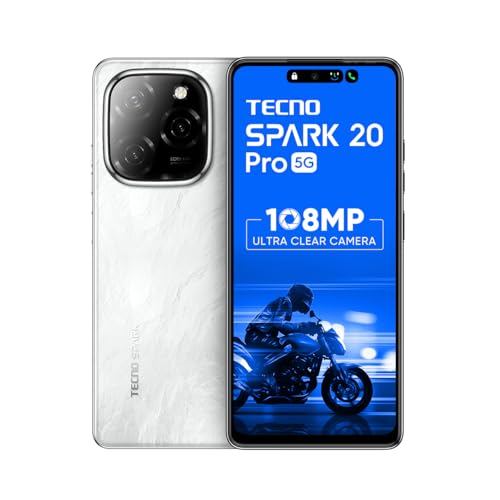 TECNO Spark 20 PRO 5G (Glossy White, 8GB+128GB)| 108MP Ultra Clear Imaging | Super Ellipse Design | MTK D6080 5G Processor | 6.78″ 120Hz LTPS LCD Display | 5000mAh Battery with 33W Charger